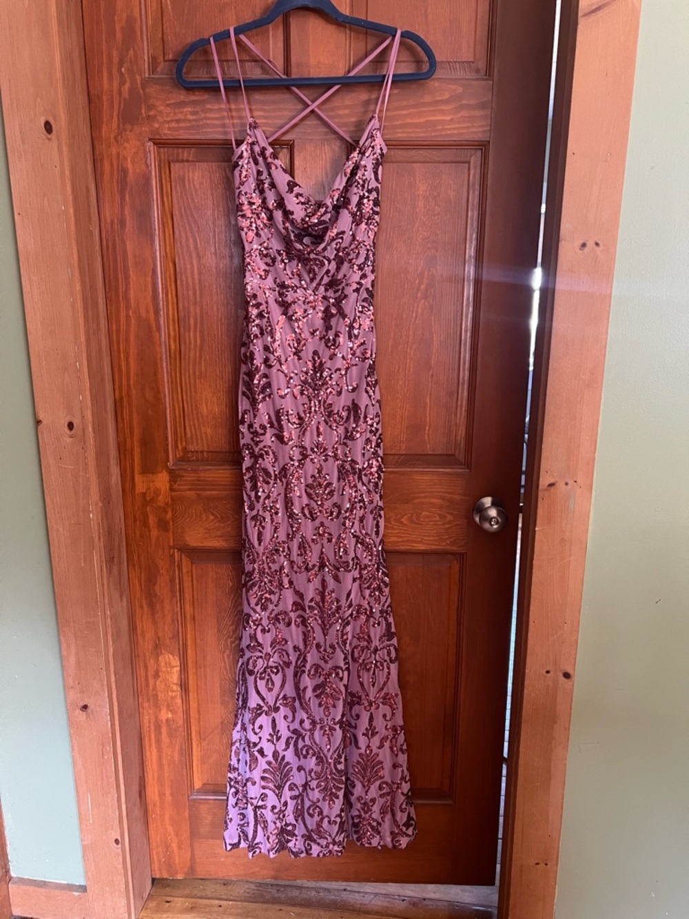 Fashion Nova Dusty Rose Sequin Maxi Dress with Cowl Neck